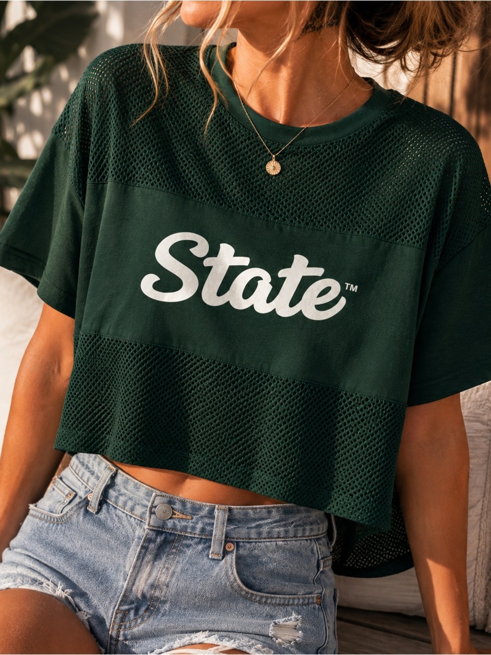 Large Spirit Jersey Green Crop Top Oversized Mesh Jersey
